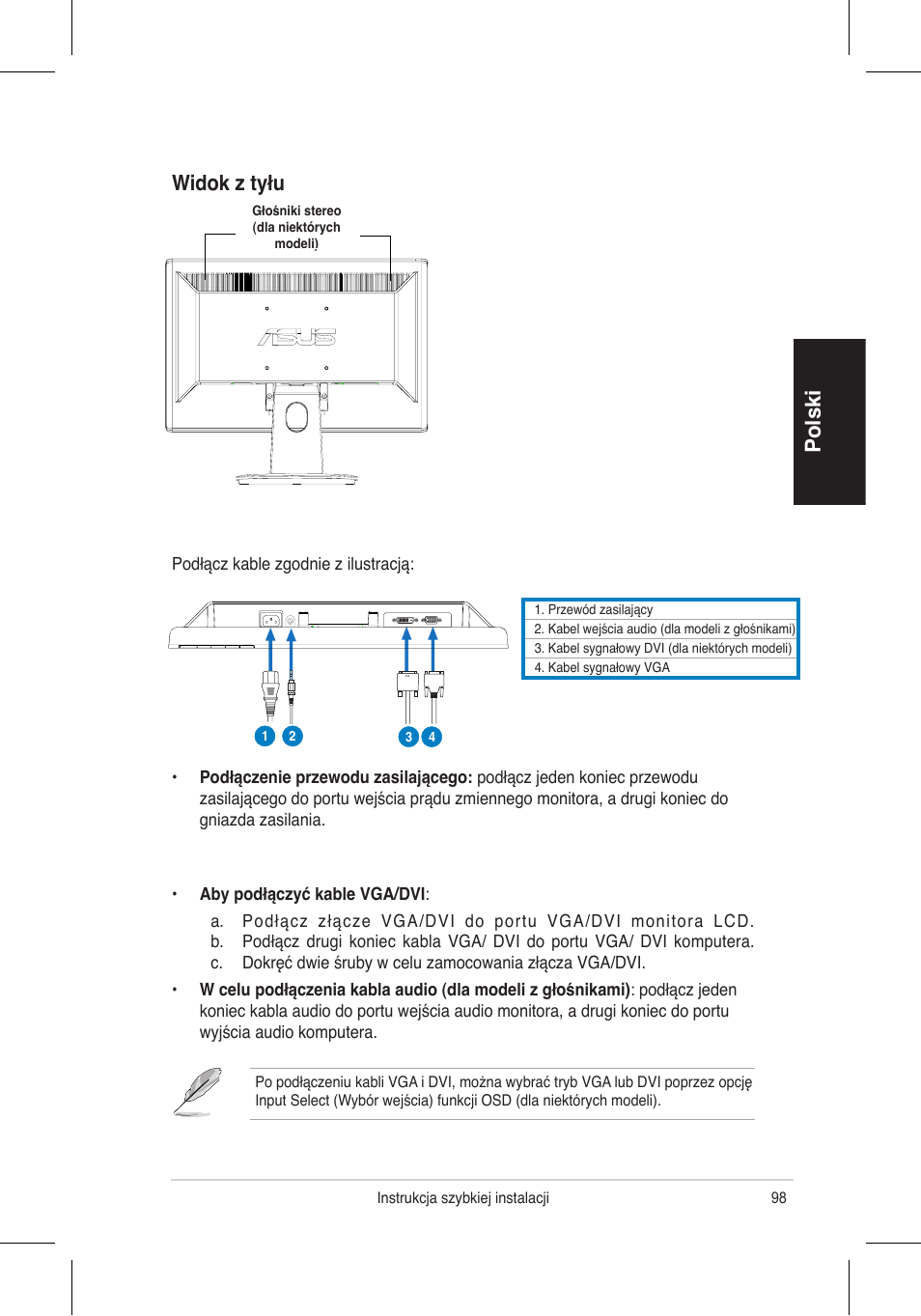 Polski, Widok z tyłu | Asus VH196 Series User Manual | Page 100 / 157