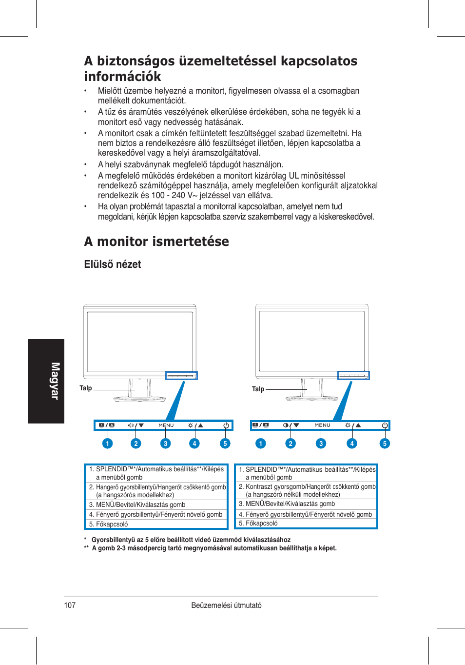 A monitor ismertetése, Magyar, Elülső nézet | Asus VH196 Series User Manual | Page 109 / 157