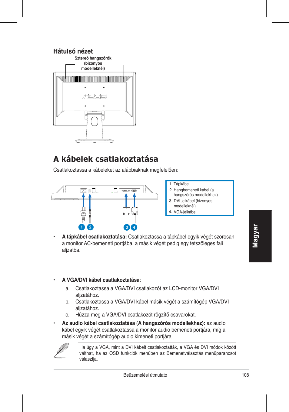 A kábelek csatlakoztatása, Magyar, Hátulsó nézet | Asus VH196 Series User Manual | Page 110 / 157