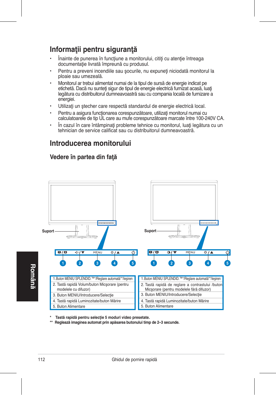 Informaţii pentru siguranţă, Introducerea monitorului, Română | Vedere în partea din faţă | Asus VH196 Series User Manual | Page 114 / 157