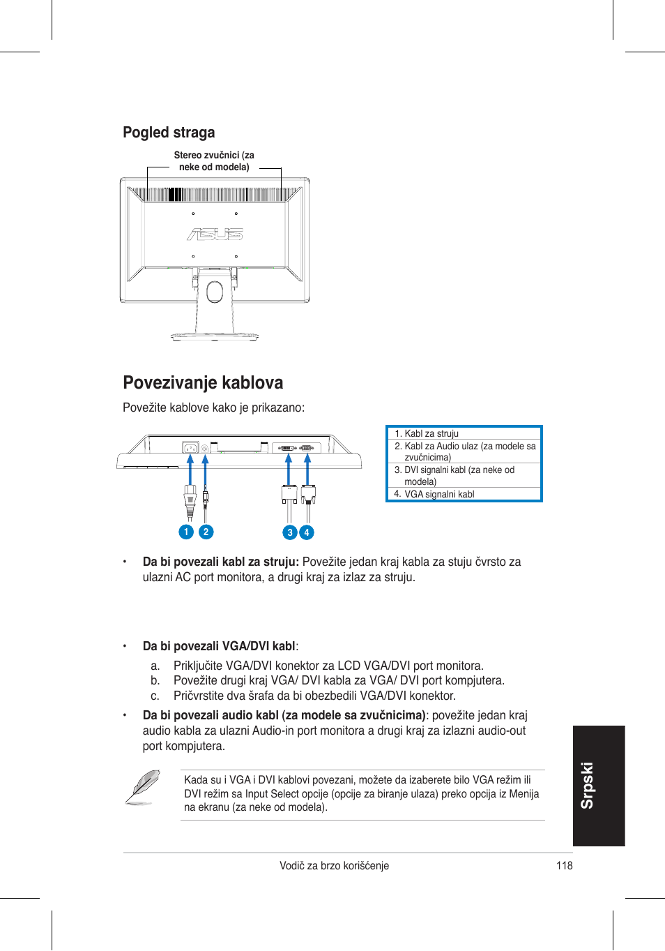 Povezivanje kablova, Srpski, Pogled straga | Asus VH196 Series User Manual | Page 120 / 157