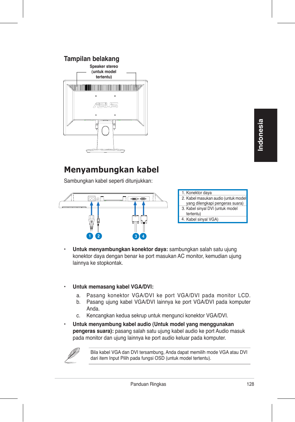 Menyambungkan kabel, Indonesia, Tampilan belakang | Asus VH196 Series User Manual | Page 130 / 157