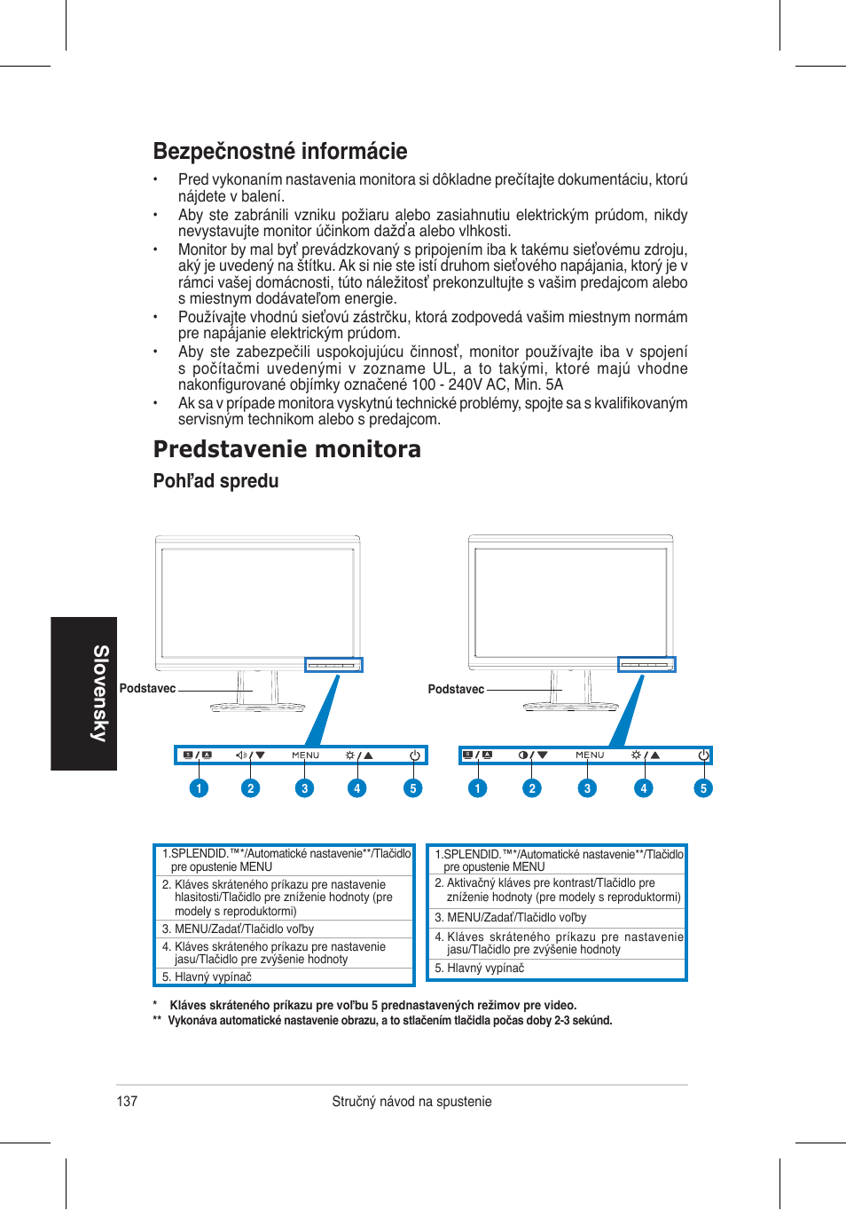 Bezpečnostné informácie, Predstavenie monitora, Slovensky | Pohľad spredu | Asus VH196 Series User Manual | Page 139 / 157