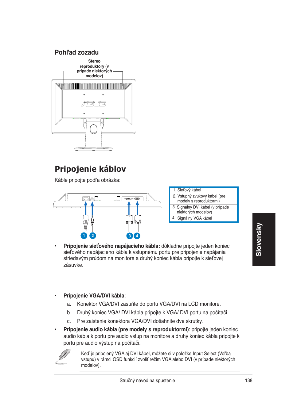 Pripojenie káblov, Slovensky, Pohľad zozadu | Asus VH196 Series User Manual | Page 140 / 157