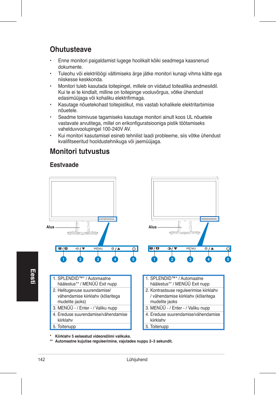 Ohutusteave, Monitori tutvustus, Eesti | Eestvaade | Asus VH196 Series User Manual | Page 144 / 157
