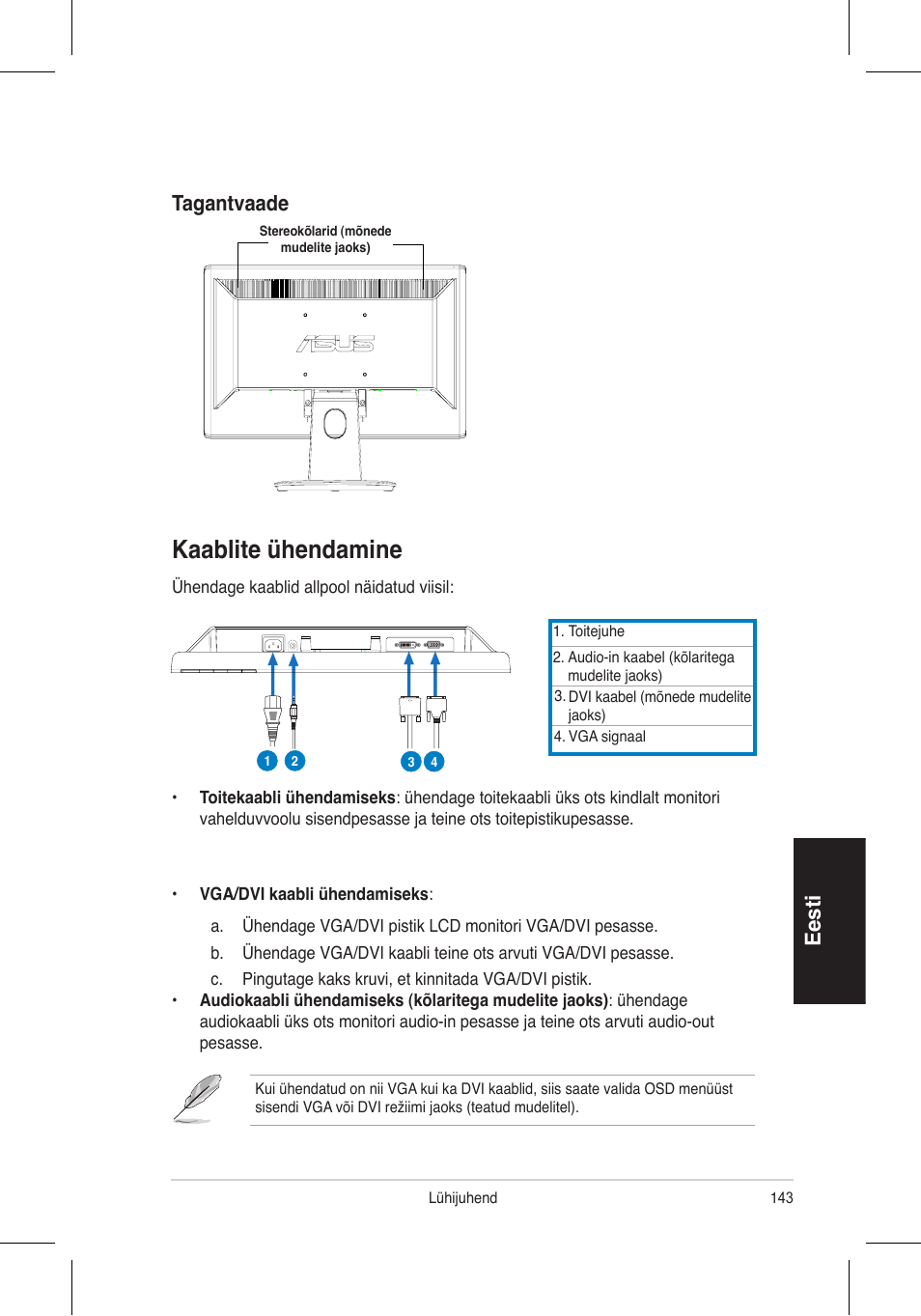 Kaablite ühendamine, Eesti, Tagantvaade | Asus VH196 Series User Manual | Page 145 / 157