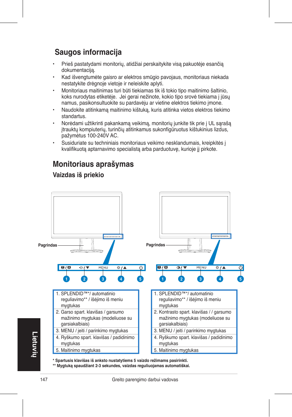 Saugos informacija, Monitoriaus aprašymas, Lietuvių | Vaizdas iš priekio | Asus VH196 Series User Manual | Page 149 / 157