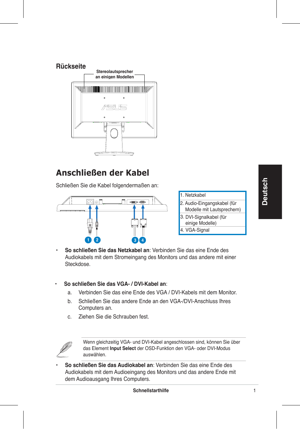 Anschließen der kabel, Deutsch, Rückseite | Asus VH196 Series User Manual | Page 15 / 157