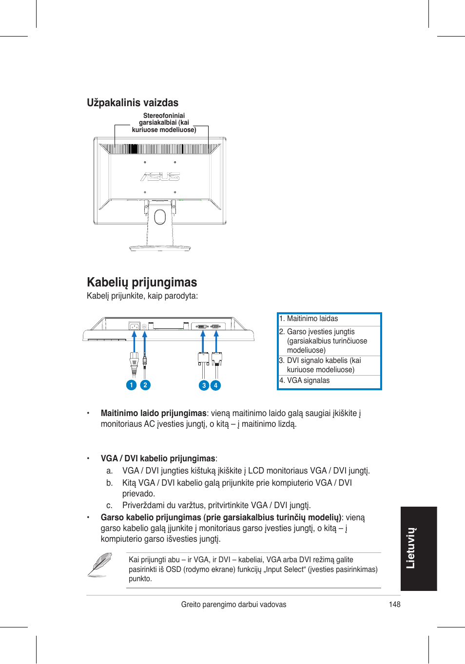 Kabelių prijungimas, Lietuvių, Užpakalinis vaizdas | Asus VH196 Series User Manual | Page 150 / 157