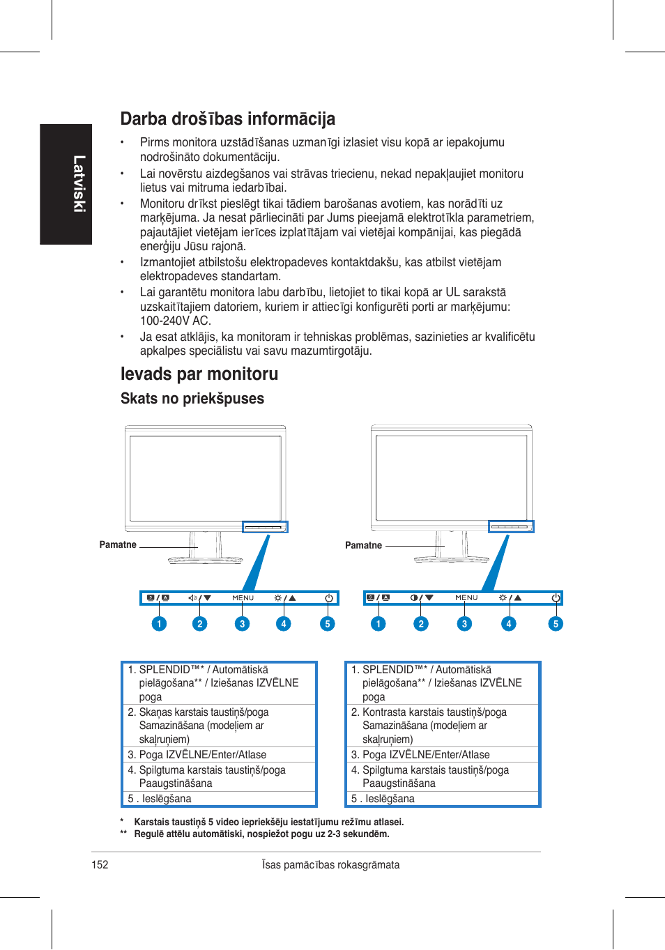 Darba drošības informācija, Ievads par monitoru, Latviski | Skats no priekšpuses | Asus VH196 Series User Manual | Page 154 / 157