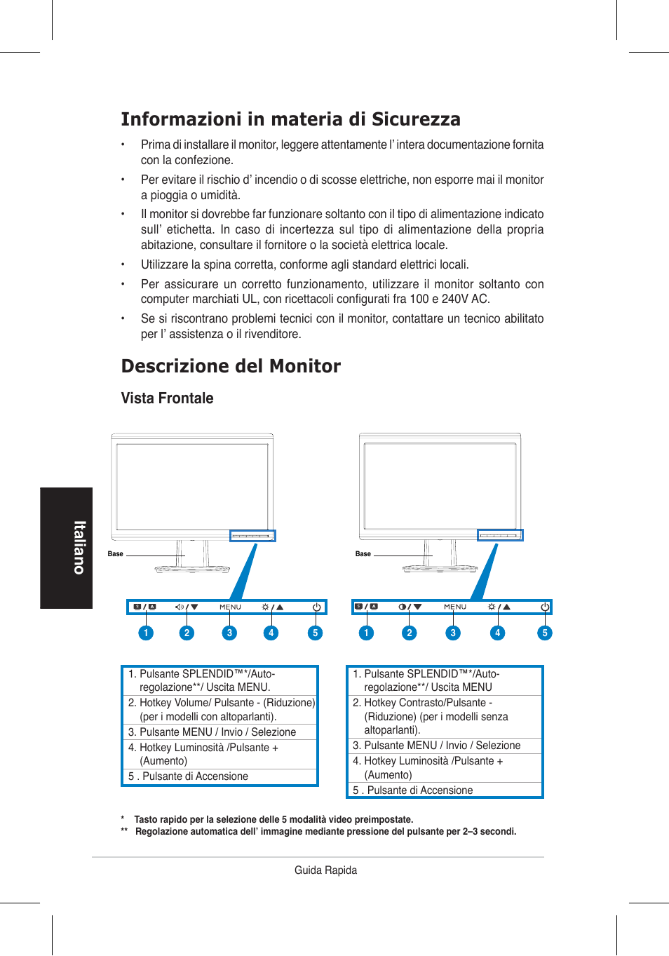 Informazioni in materia di sicurezza, Descrizione del monitor, Italiano | Vista frontale | Asus VH196 Series User Manual | Page 19 / 157