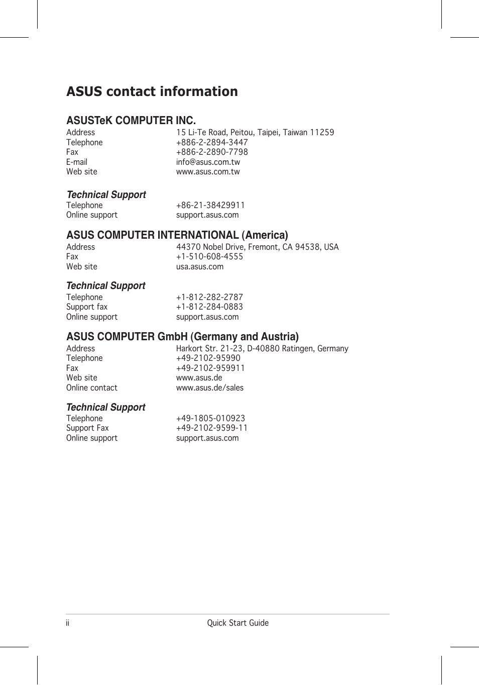 Asus contact information, Asustek computer inc, Asus computer international (america) | Asus computer gmbh (germany and austria), Technical support | Asus VH196 Series User Manual | Page 2 / 157