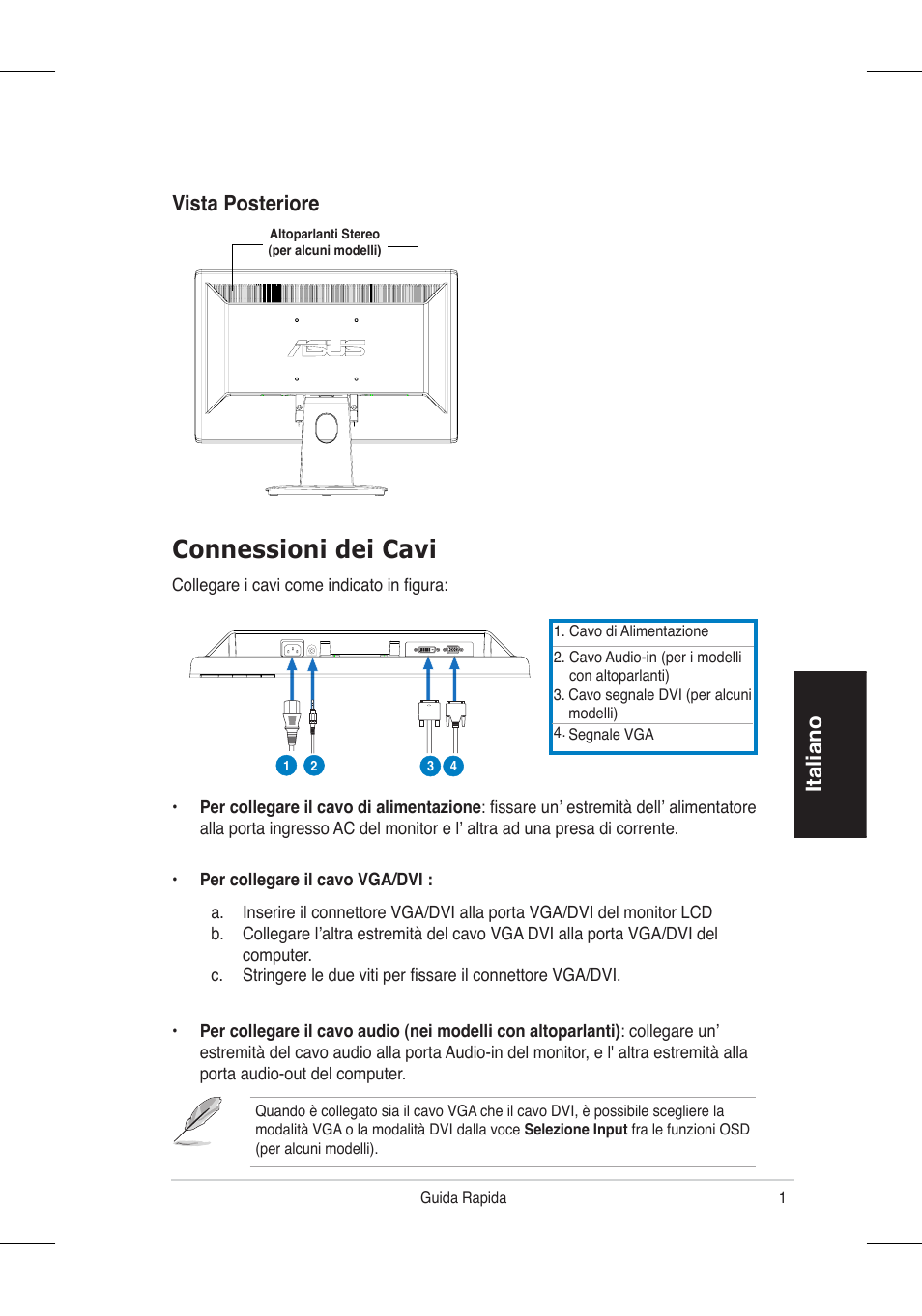 Connessioni dei cavi, Italiano, Vista posteriore | Asus VH196 Series User Manual | Page 20 / 157