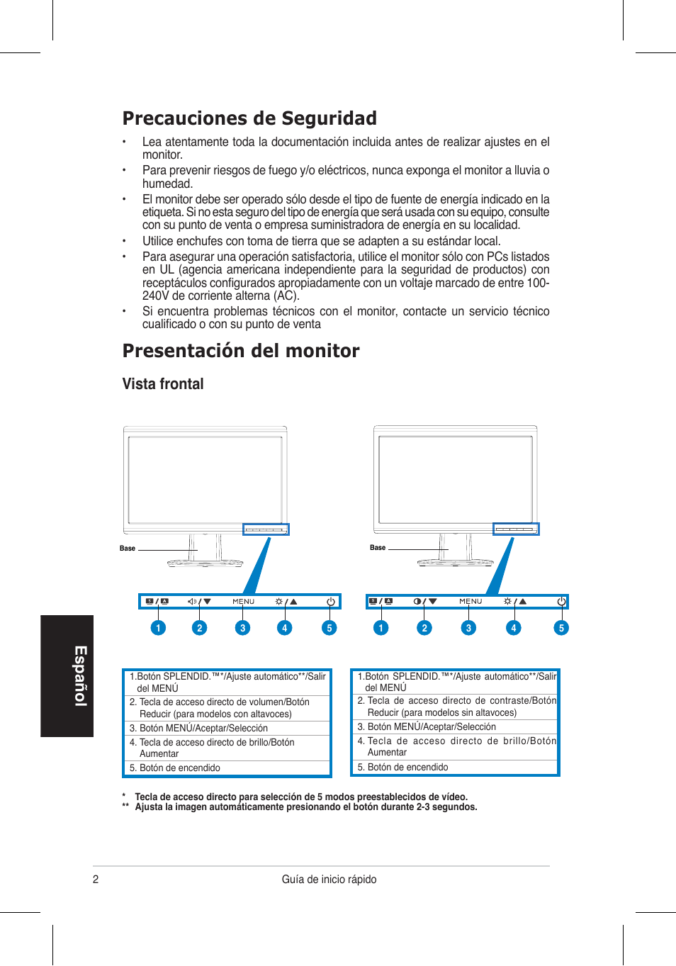 Presentación del monitor, Precauciones de seguridad, Español | Vista frontal | Asus VH196 Series User Manual | Page 24 / 157