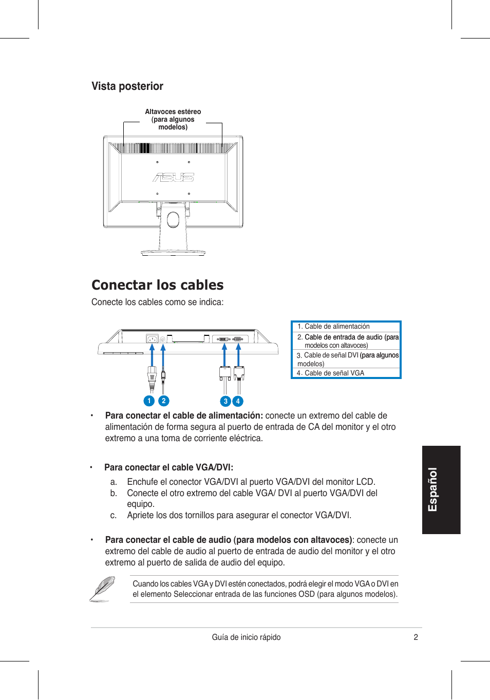 Conectar los cables, Español, Vista posterior | Asus VH196 Series User Manual | Page 25 / 157