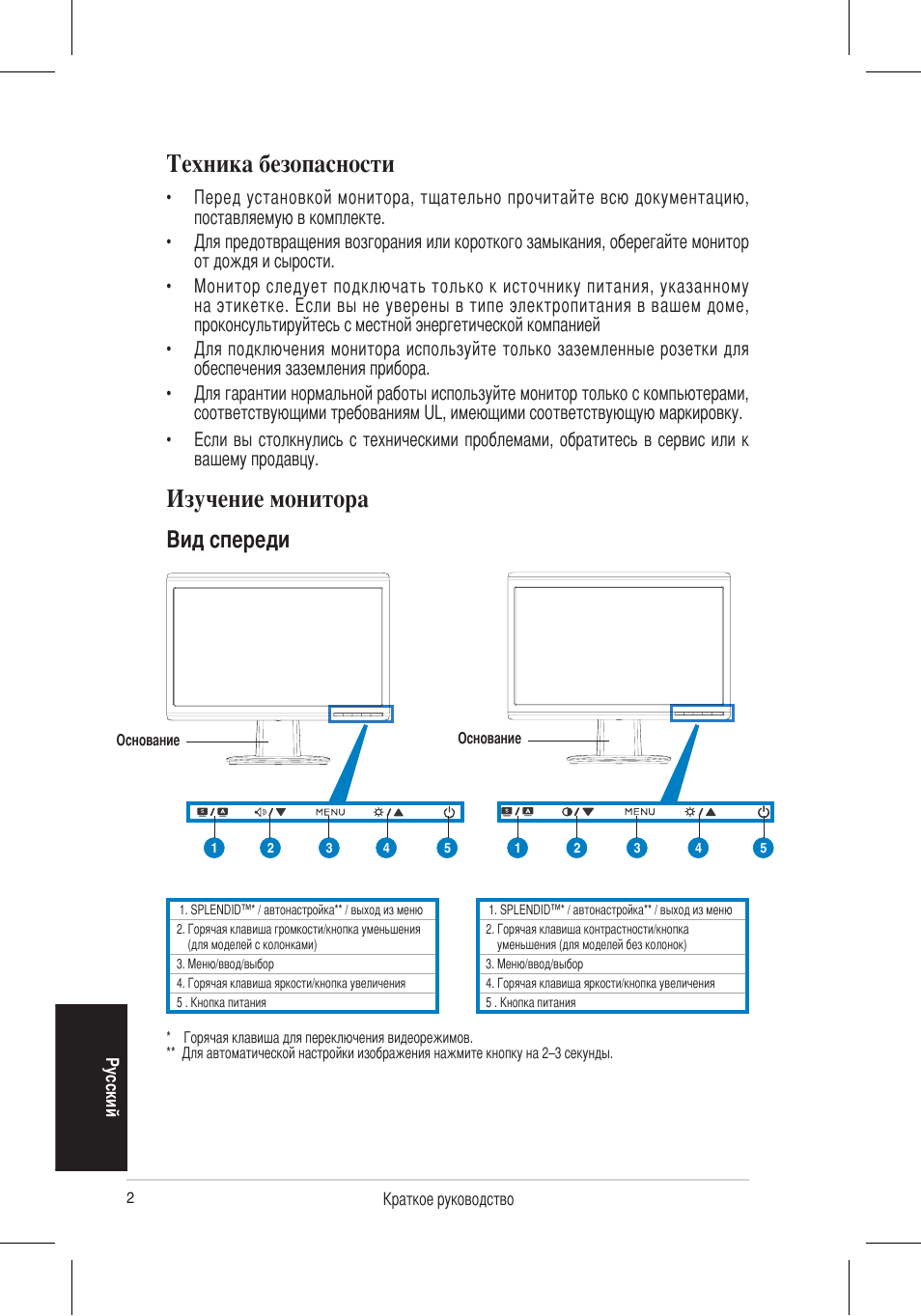 Техника безопасности, Изучение монитора, Вид спереди | Asus VH196 Series User Manual | Page 29 / 157