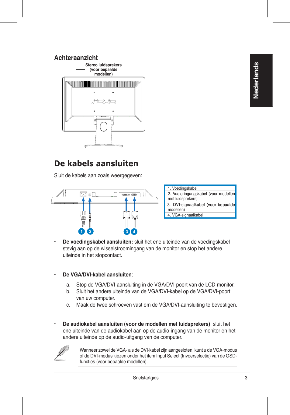 De kabels aansluiten, Nederlands, Achteraanzicht | Asus VH196 Series User Manual | Page 35 / 157