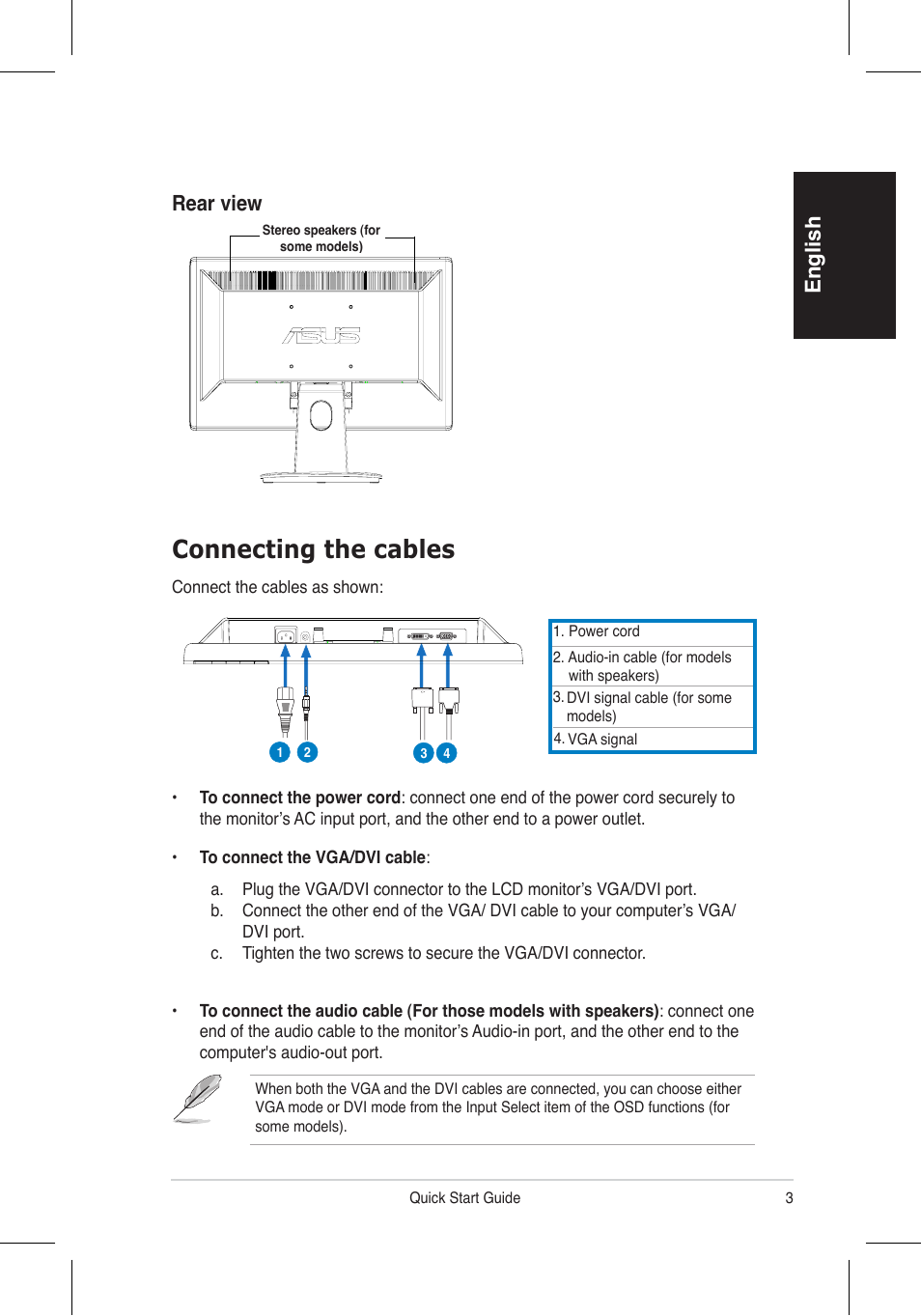 Connecting the cables, English, Rear view | Asus VH196 Series User Manual | Page 5 / 157