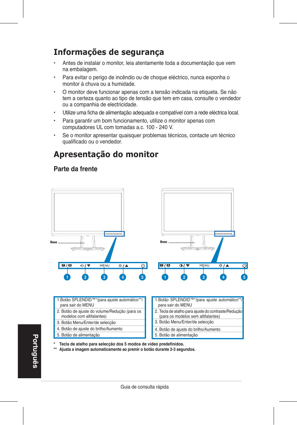 Informações de segurança, Apresentação do monitor, Portugu �s | Parte da frente | Asus VH196 Series User Manual | Page 59 / 157