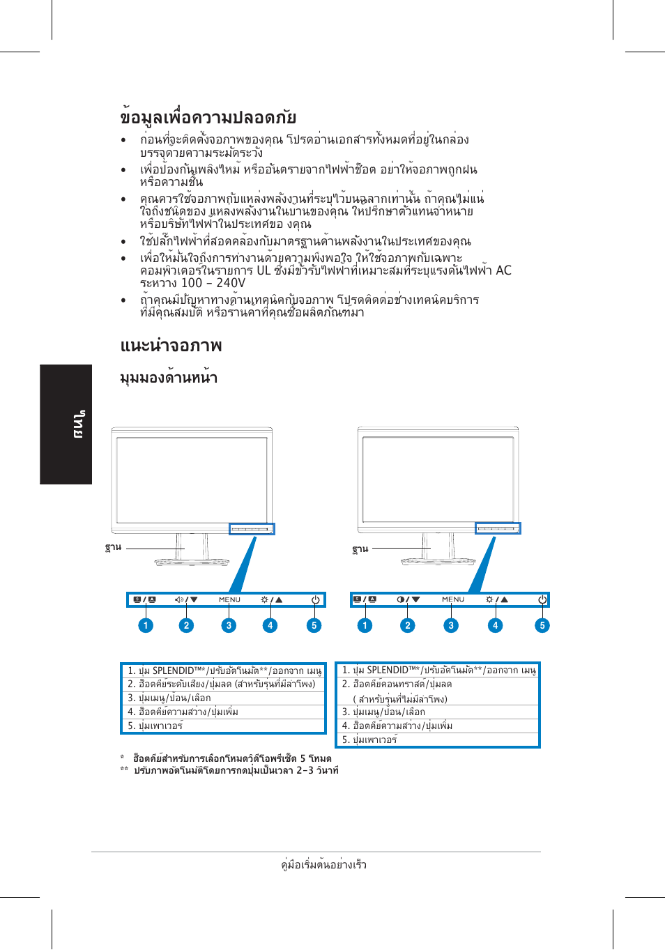 ข้อมูลเพื่อความปลอดภัย, แนะนำจอภาพ, มุมมองด้านหน้า | Asus VH196 Series User Manual | Page 74 / 157