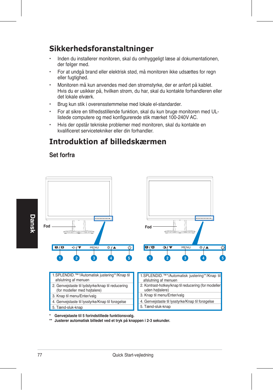 Sikkerhedsforanstaltninger, Introduktion af billedskærmen, Dansk | Set forfra | Asus VH196 Series User Manual | Page 79 / 157