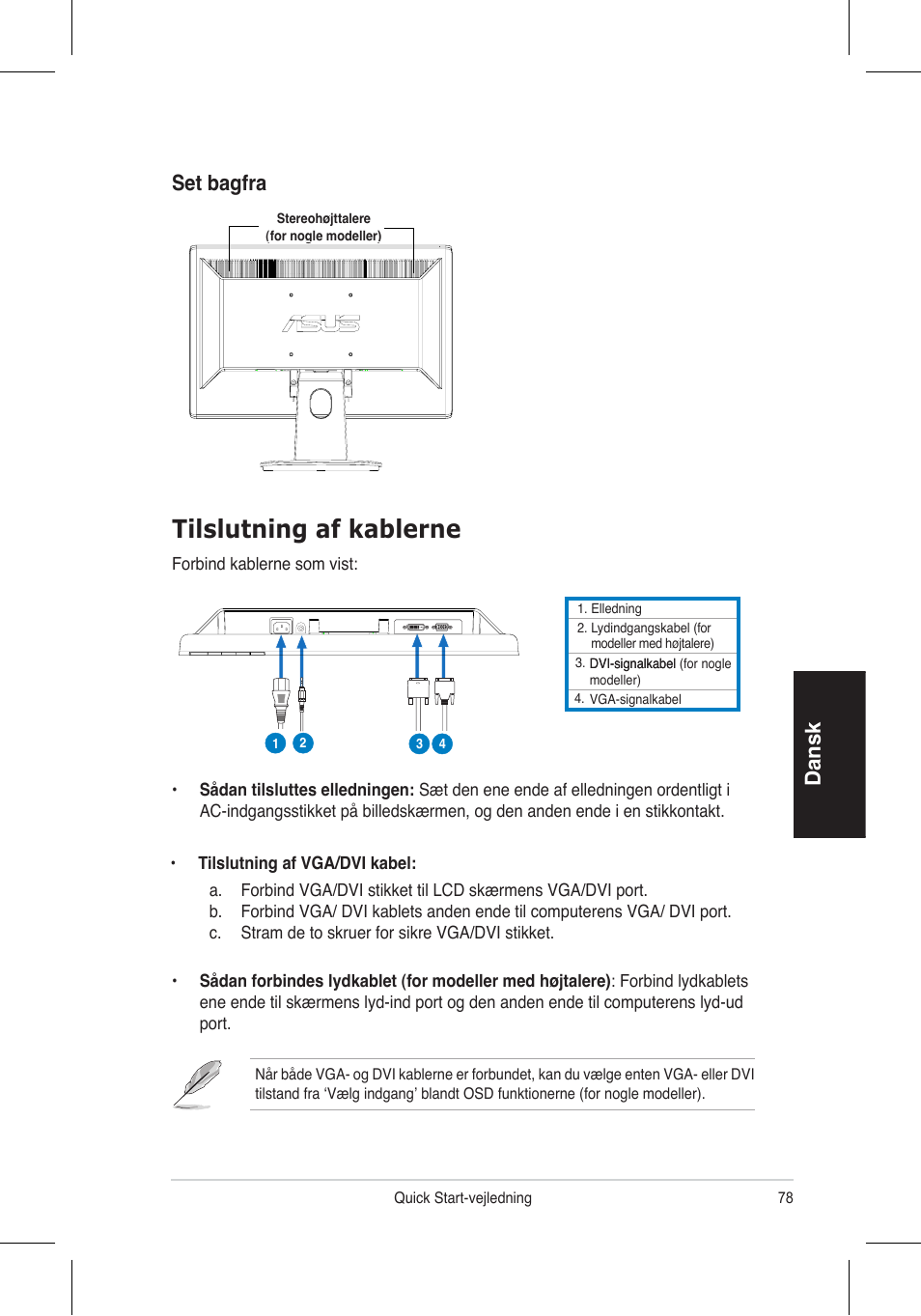 Tilslutning af kablerne, Dansk, Set bagfra | Asus VH196 Series User Manual | Page 80 / 157