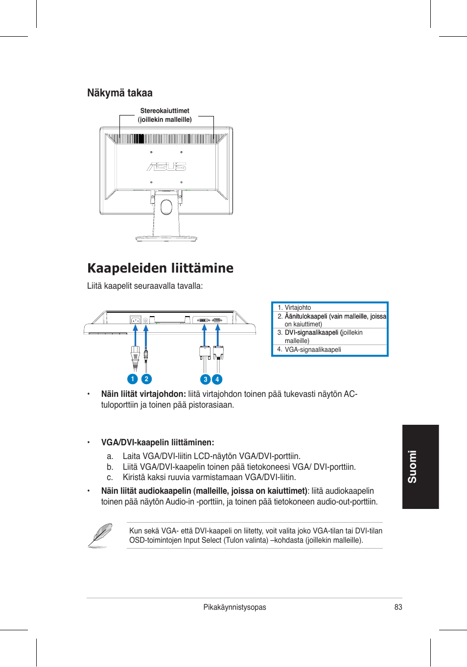 Kaapeleiden liittämine, Suomi, Näkymä takaa | Asus VH196 Series User Manual | Page 85 / 157