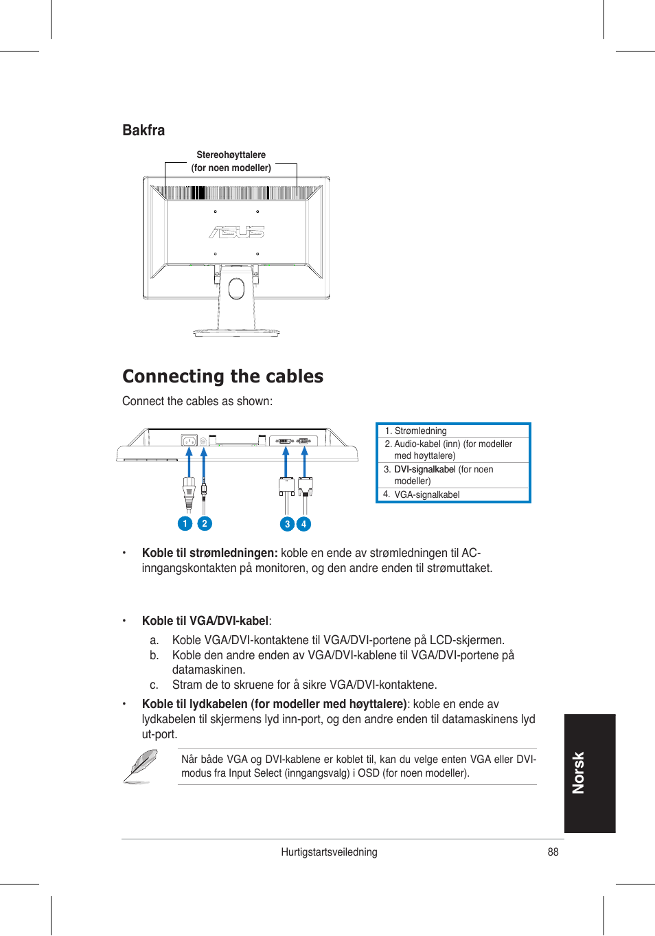 Connecting the cables, Norsk, Bakfra | Asus VH196 Series User Manual | Page 90 / 157
