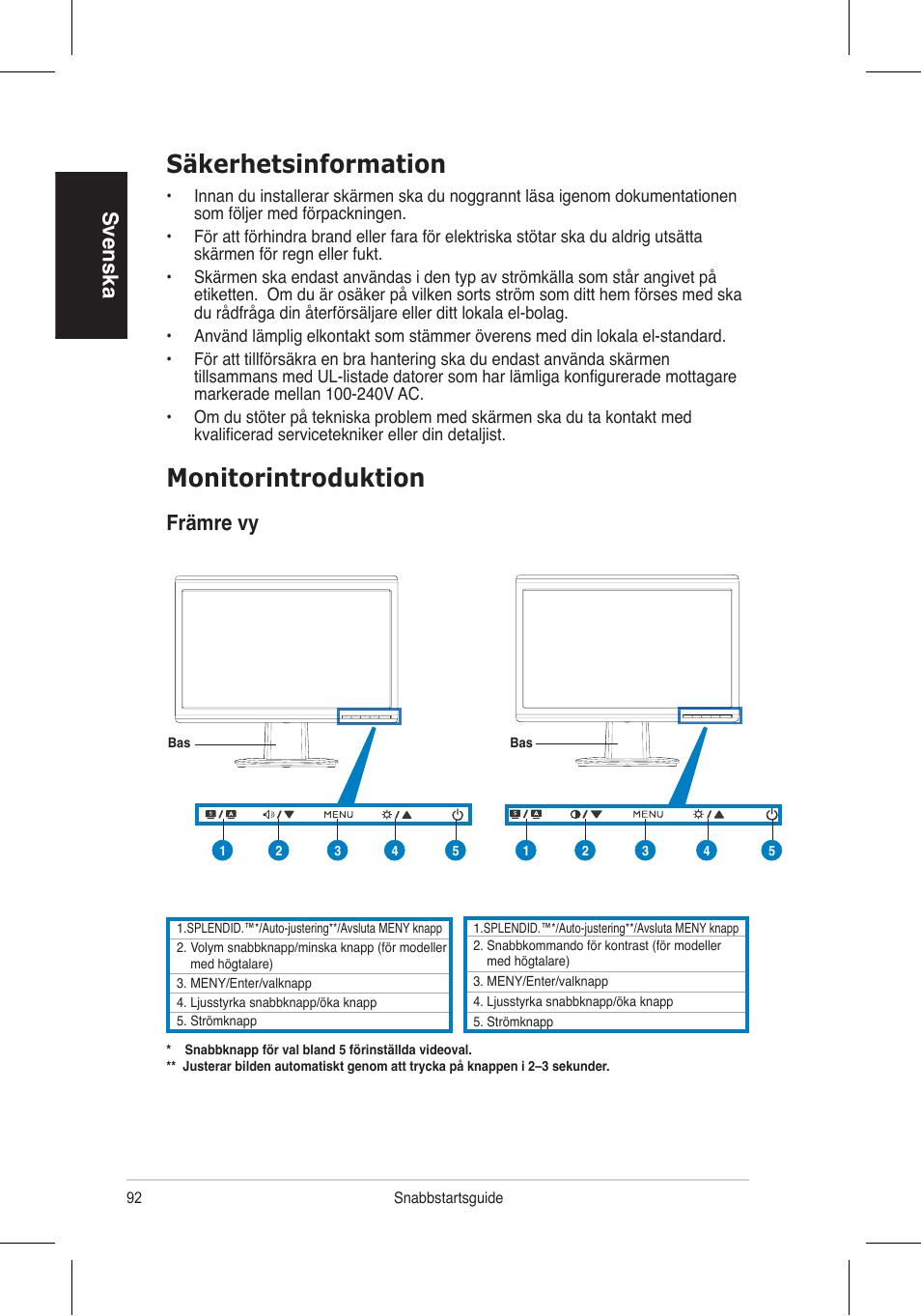 Monitorintroduktion, Säkerhetsinformation, Svenska | Främre vy | Asus VH196 Series User Manual | Page 94 / 157