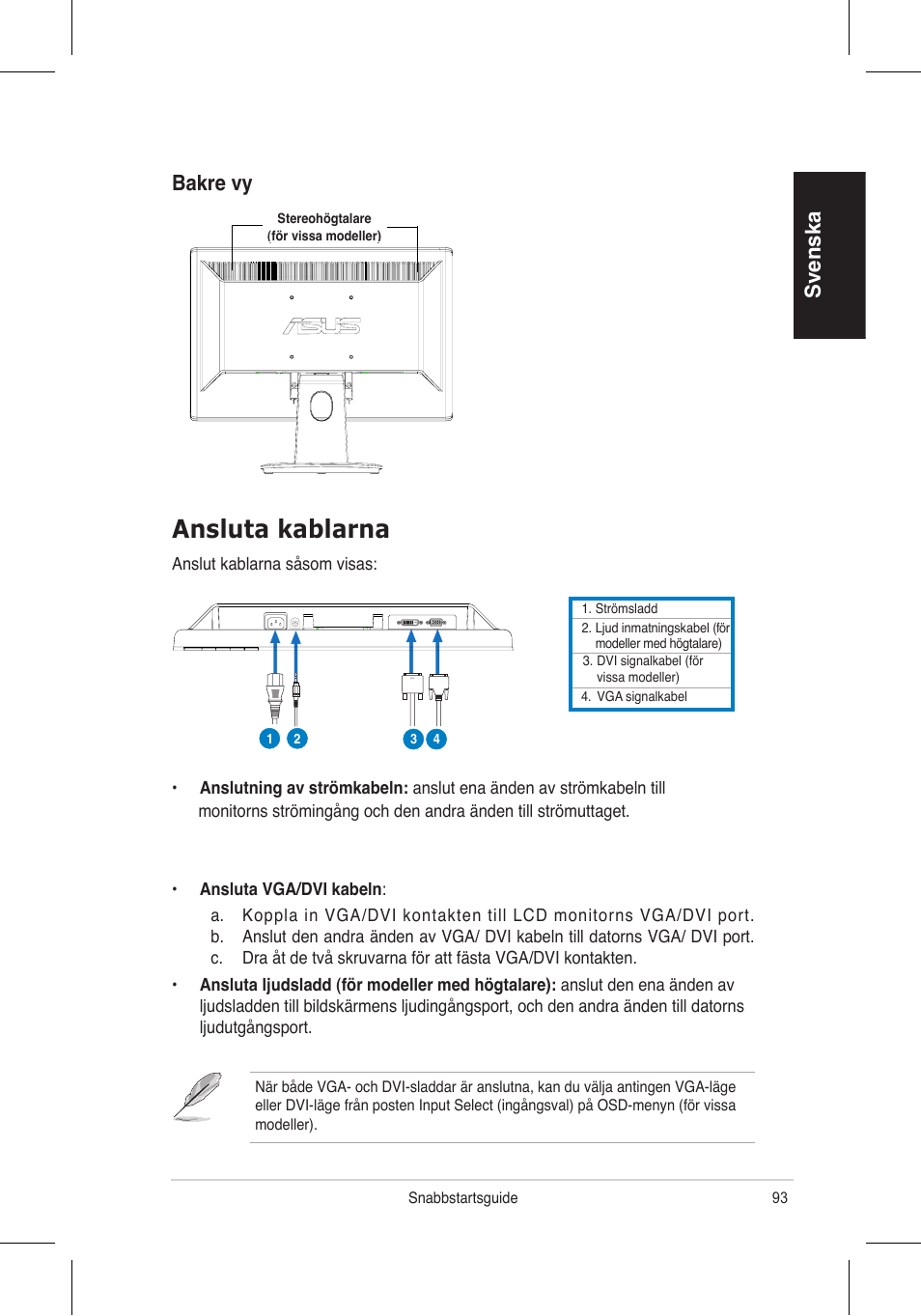 Ansluta kablarna, Svenska, Bakre vy | Asus VH196 Series User Manual | Page 95 / 157