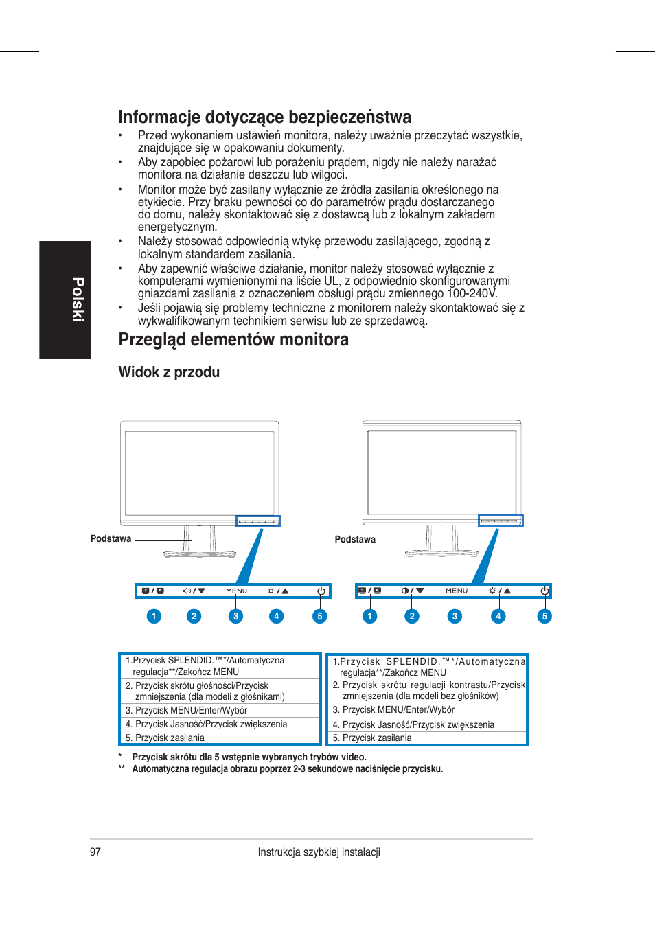 Informacje dotyczące bezpieczeństwa, Przegląd elementów monitora, Polski | Widok z przodu | Asus VH196 Series User Manual | Page 99 / 157