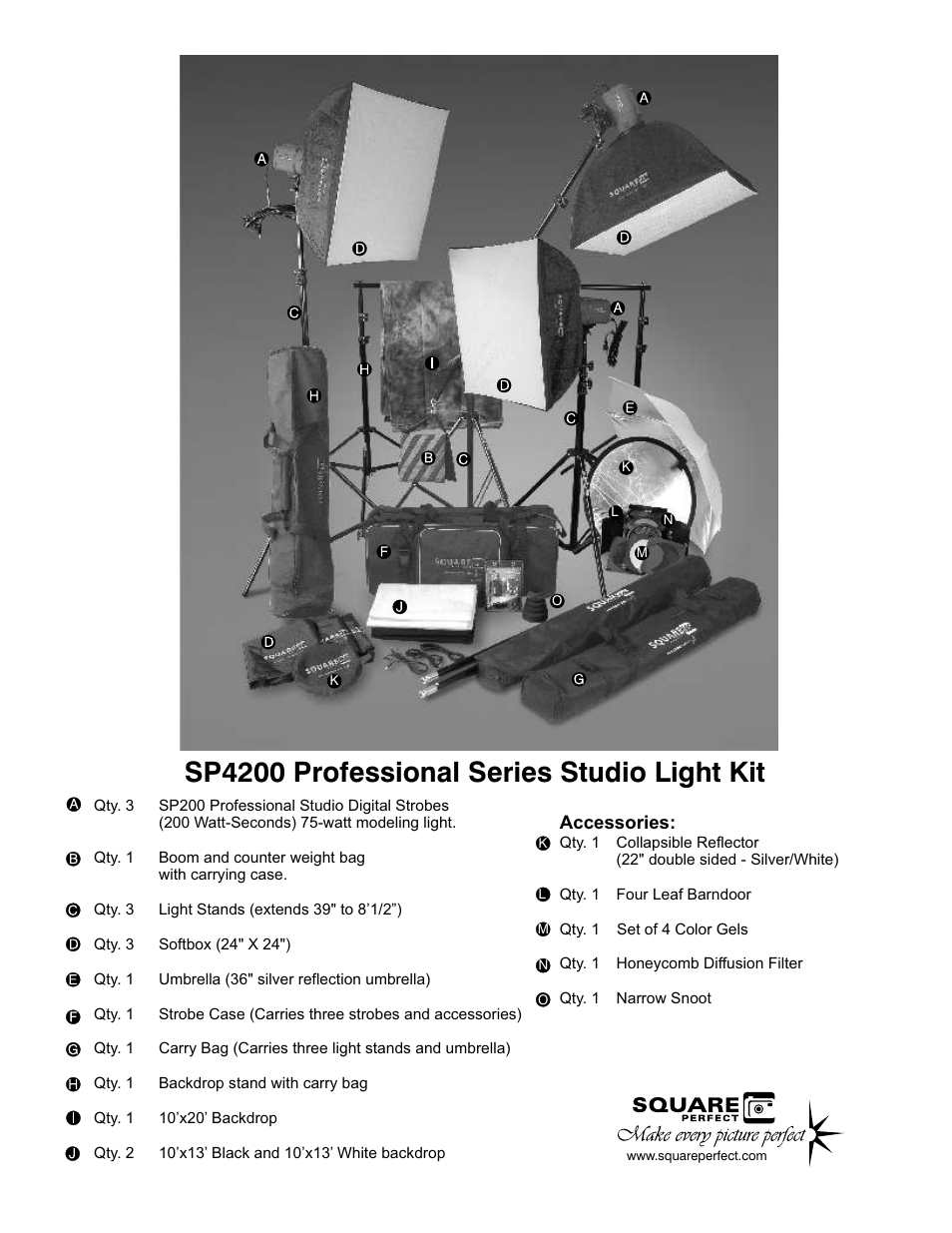 Sp4200 professional series studio light kit | Square SP4200 User Manual | Page 2 / 5