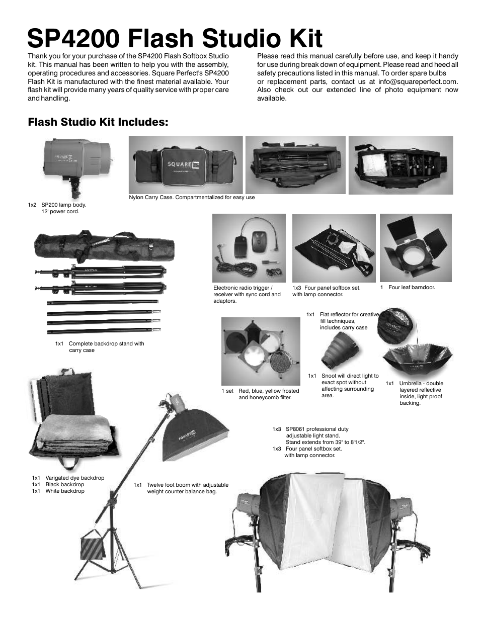 Sp4200 flash studio kit, Flash studio kit includes | Square SP4200 User Manual | Page 3 / 5
