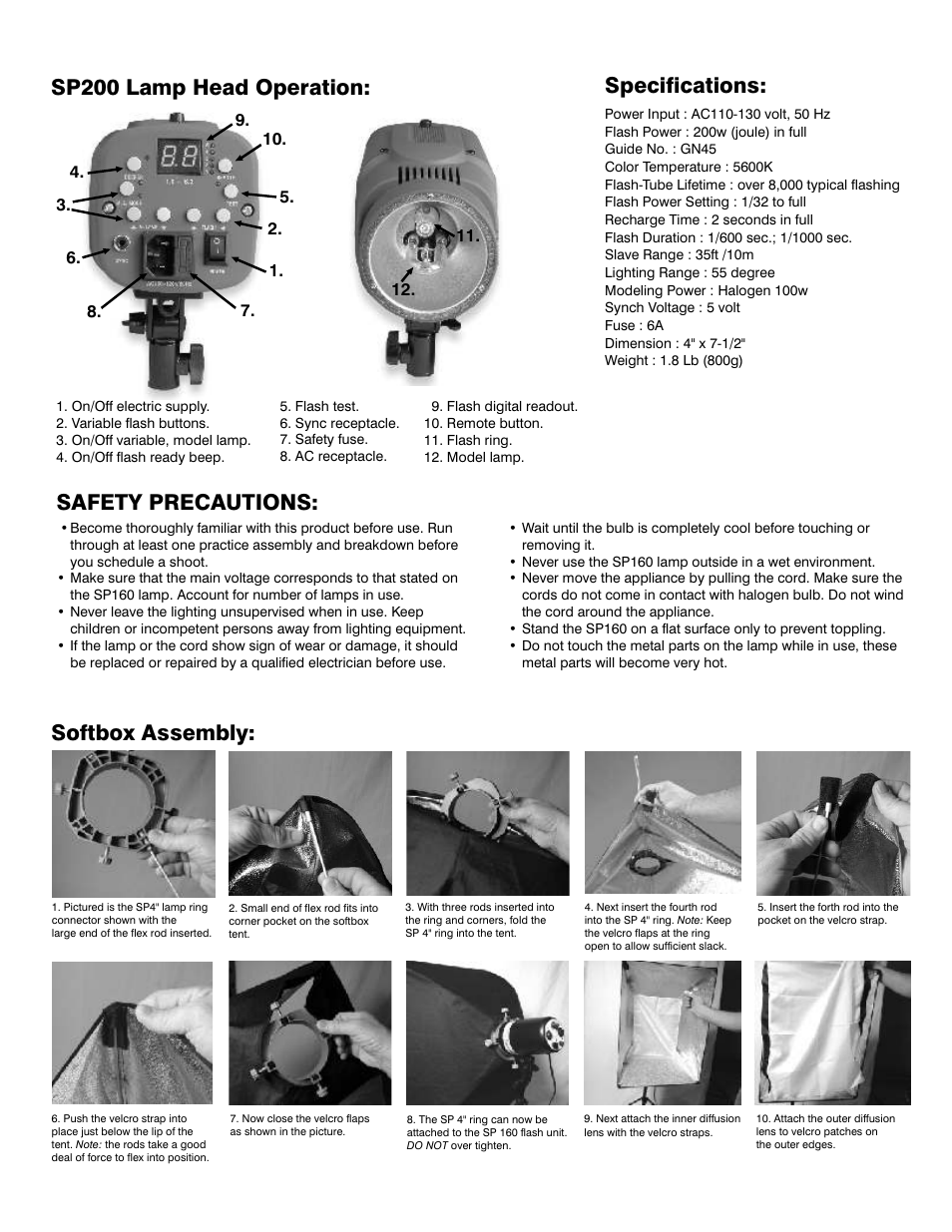 Safety precautions, Softbox assembly, Specifications: sp200 lamp head operation | Square SP4200 User Manual | Page 4 / 5
