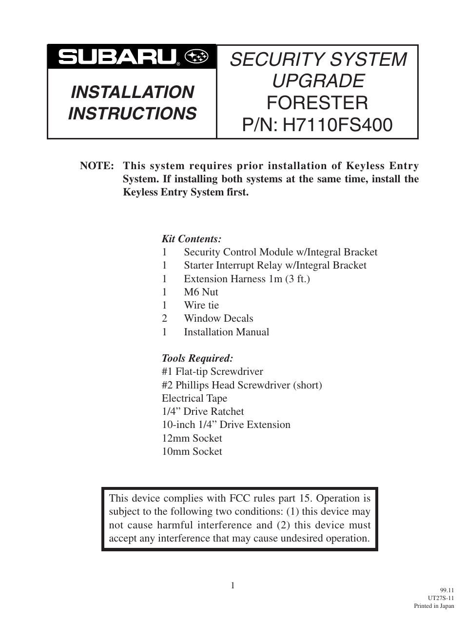 Subaru H7110FS400 User Manual | 8 pages