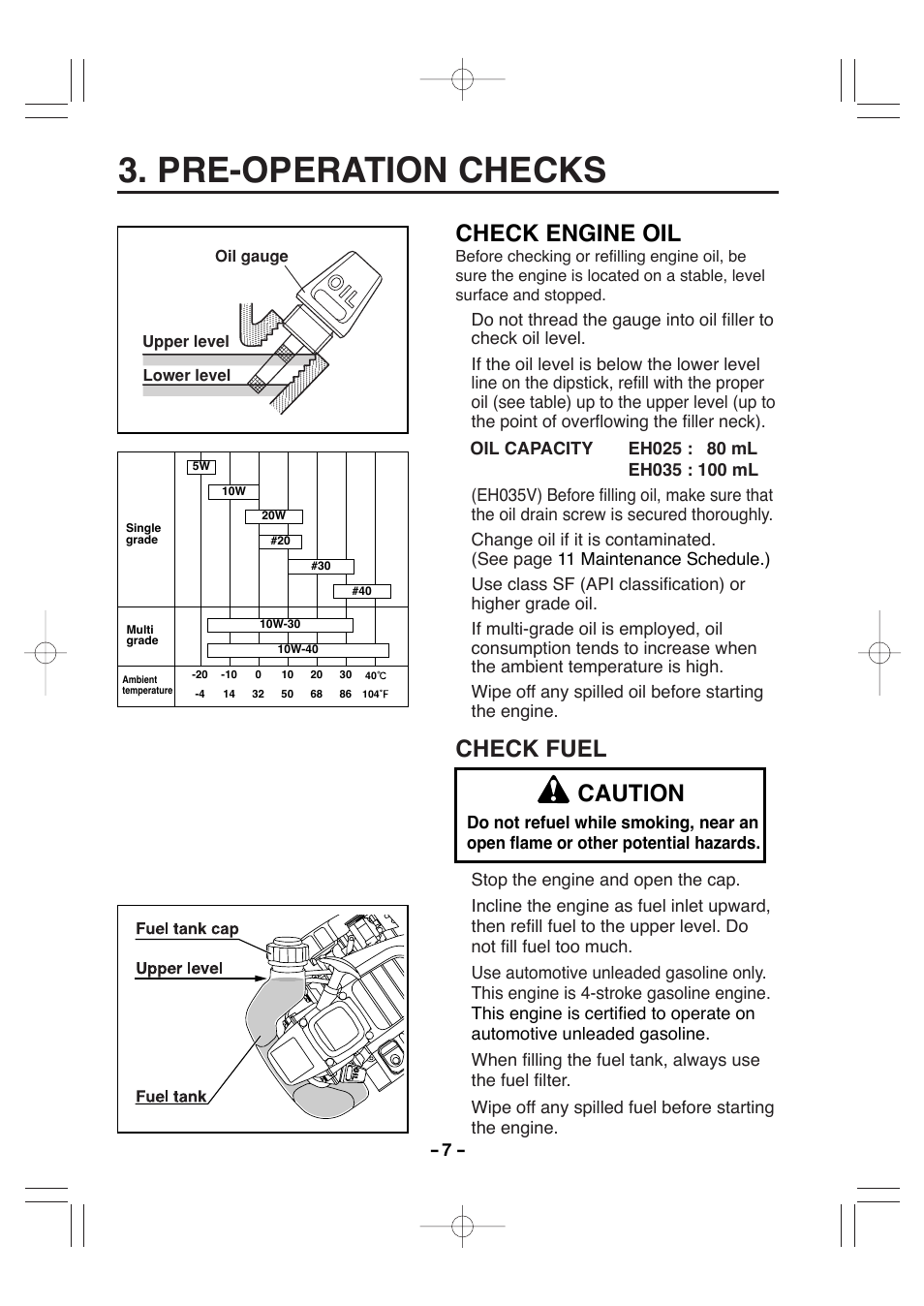 Pre-operation checks, Check engine oil, Check fuel caution | Subaru EH025P User Manual | Page 18 / 30