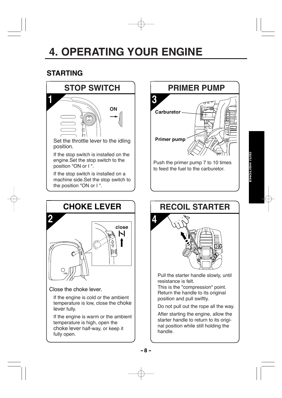 Operating your engine, Recoil starter, Stop switch choke lever | Primer pump, Starting | Subaru EH025P User Manual | Page 19 / 30