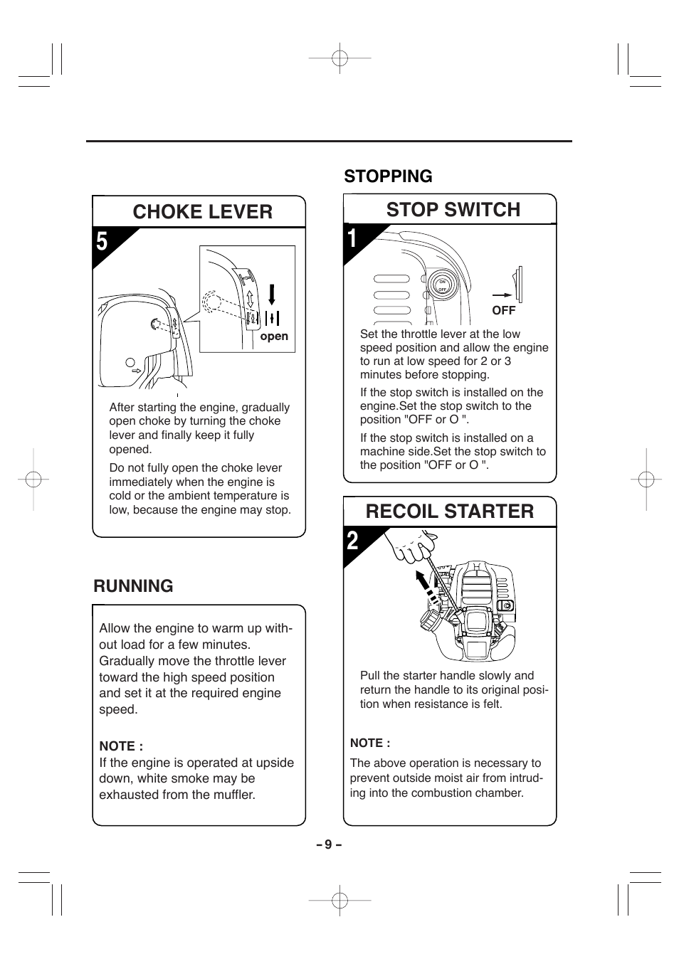 Stop switch, Recoil starter, Choke lever | Stopping, Running | Subaru EH025P User Manual | Page 20 / 30