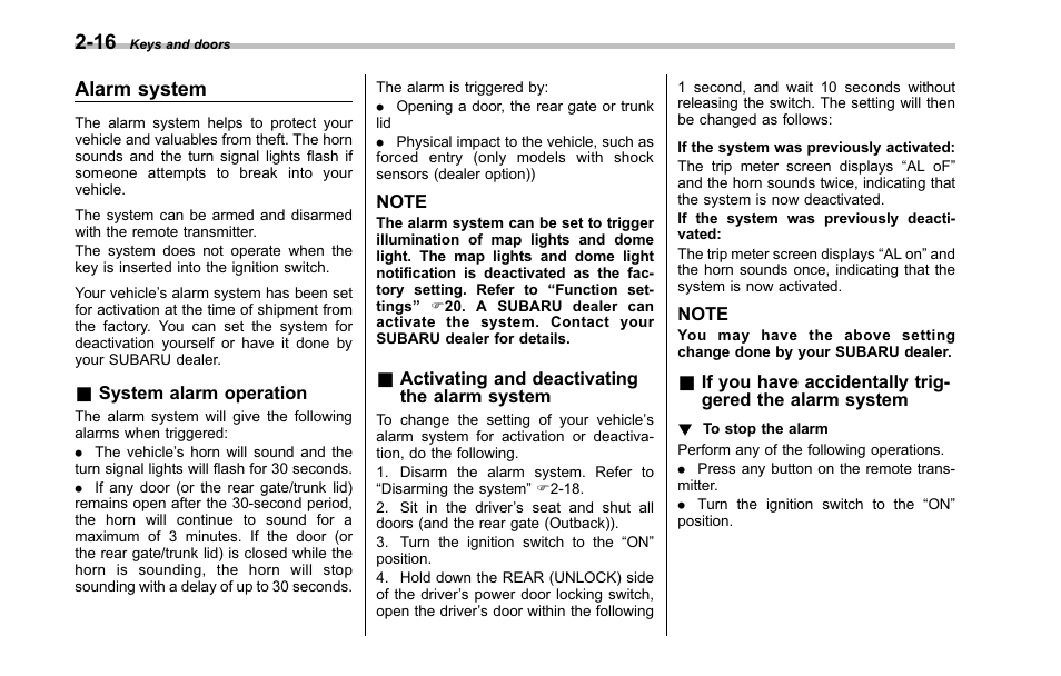 Alarm system, System alarm operation, Activating and deactivating the alarm system | Subaru 2001 Outback User Manual | Page 104 / 448