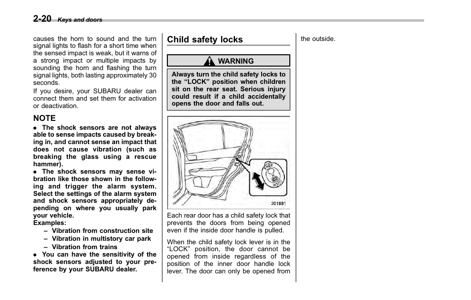 Child safety locks | Subaru 2001 Outback User Manual | Page 108 / 448