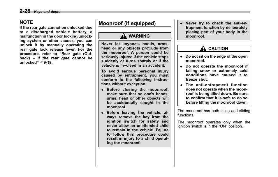 Moonroof, Moonroof (if equipped) | Subaru 2001 Outback User Manual | Page 116 / 448