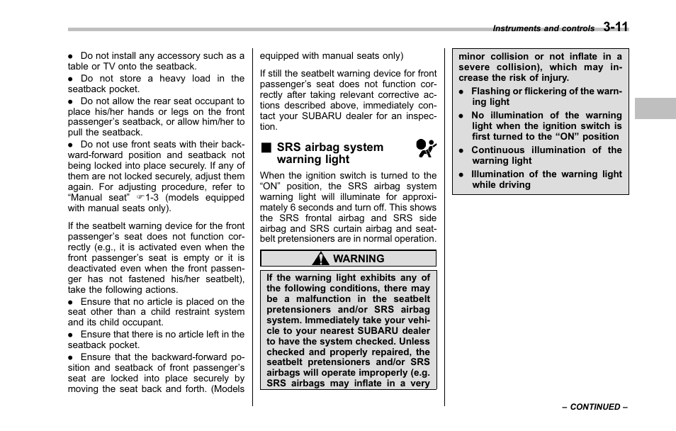 Srs airbag system warning light | Subaru 2001 Outback User Manual | Page 129 / 448