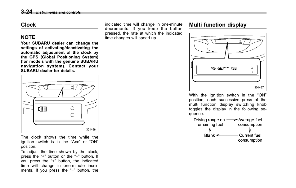 Clock, Multi function display | Subaru 2001 Outback User Manual | Page 142 / 448