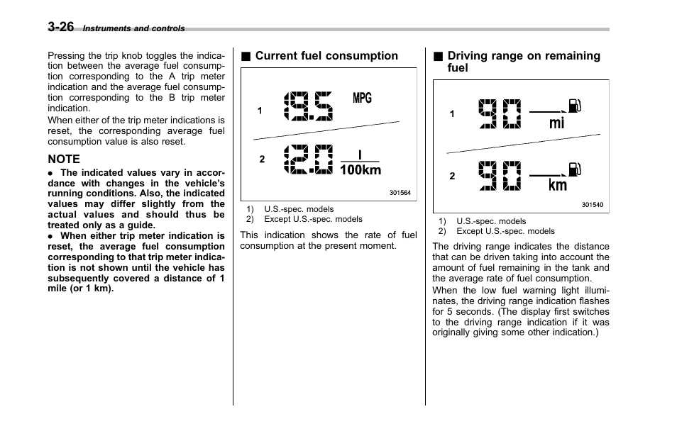 Current fuel consumption, Driving range on remaining fuel | Subaru 2001 Outback User Manual | Page 144 / 448