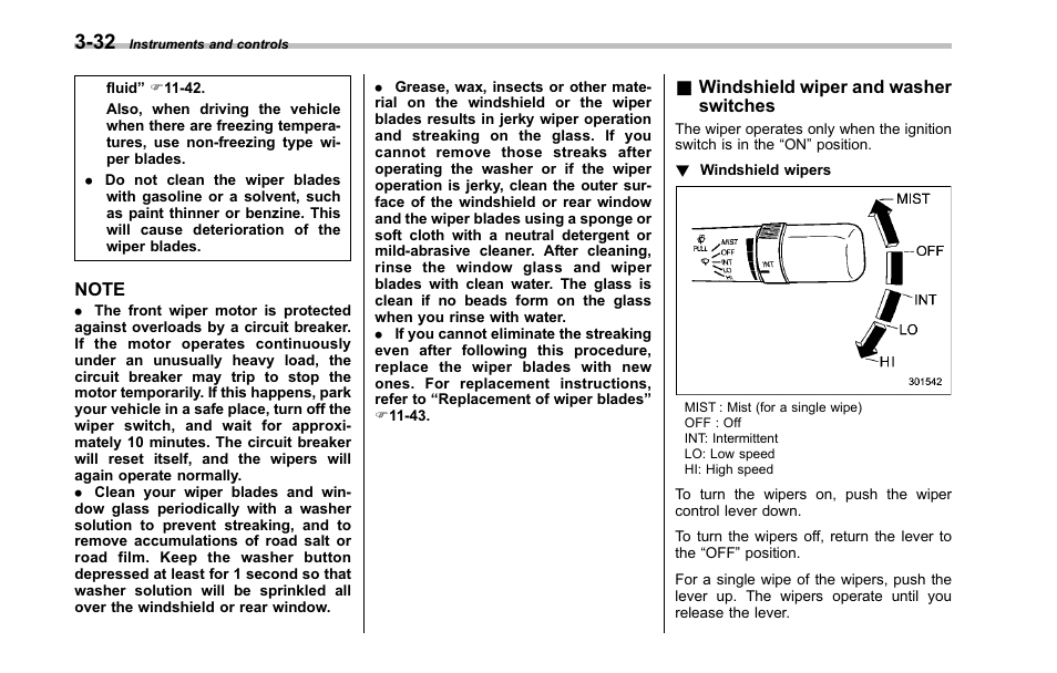 Windshield wiper and washer switches | Subaru 2001 Outback User Manual | Page 150 / 448