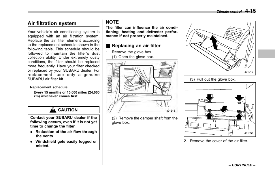 Air filtration system, Replacing an air filter | Subaru 2001 Outback User Manual | Page 173 / 448