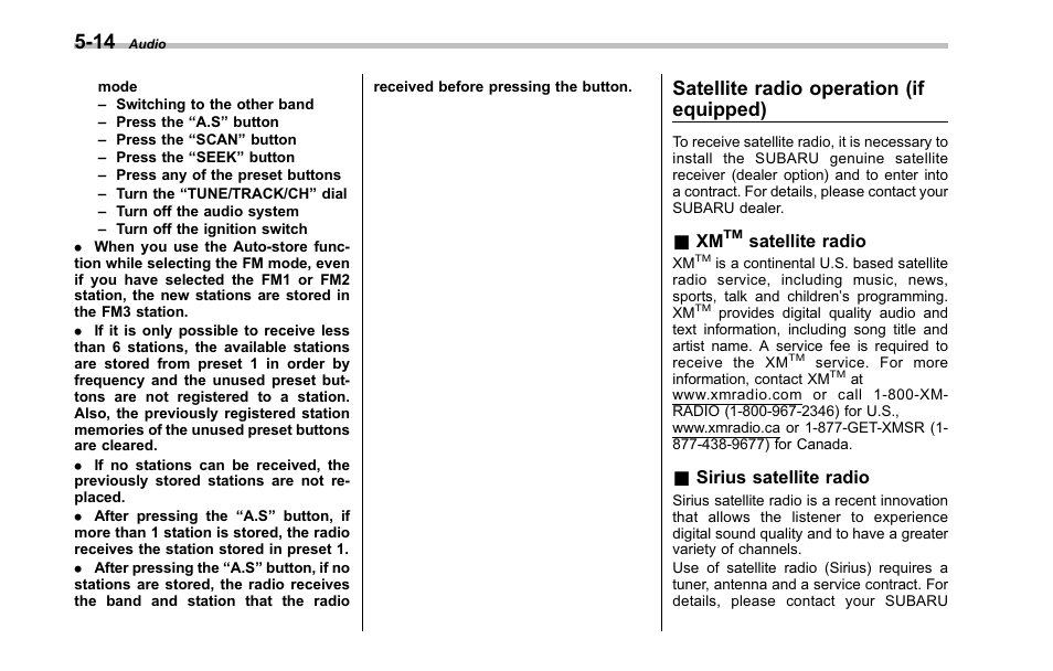 Satellite radio operation, Xmtm satellite radio, Sirius satellite radio | Satellite radio operation (if equipped) | Subaru 2001 Outback User Manual | Page 190 / 448