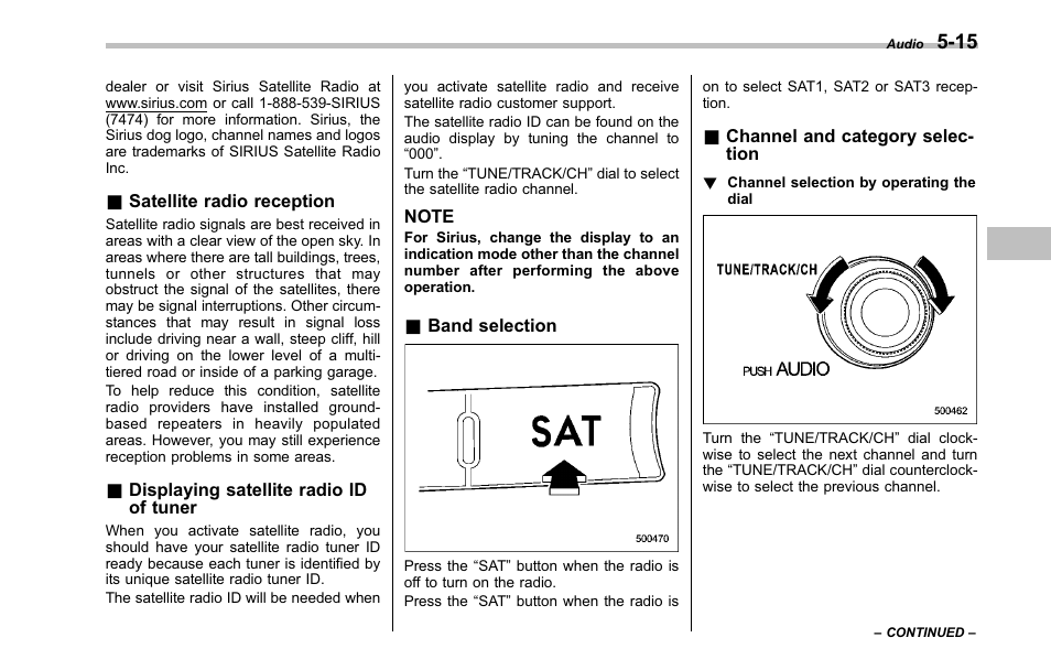 Satellite radio reception, Displaying satellite radio id of tuner, Band selection | Channel and category selection | Subaru 2001 Outback User Manual | Page 191 / 448