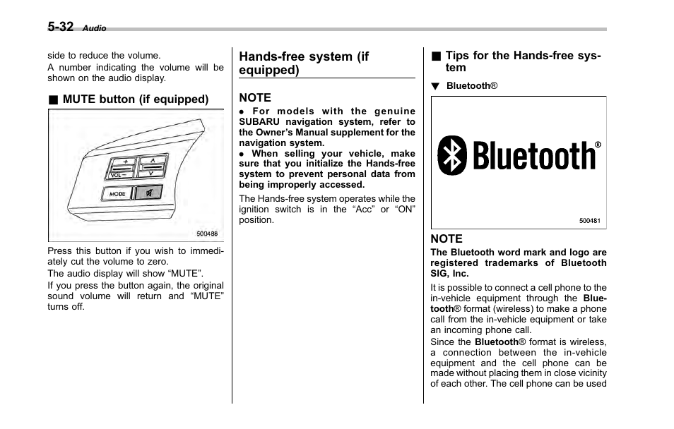 Mute button, Hands-free system, Tips for the hands-free system | Hands-free system (if equipped) | Subaru 2001 Outback User Manual | Page 208 / 448