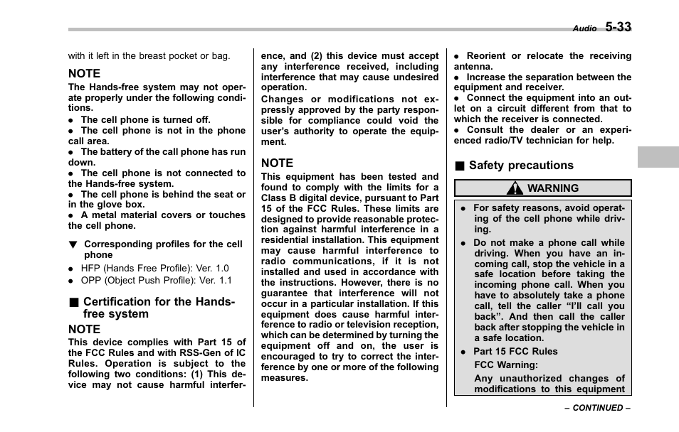 Certification for the hands-free system, Safety precautions | Subaru 2001 Outback User Manual | Page 209 / 448